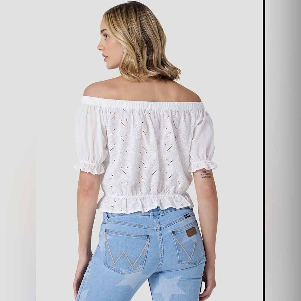 NEW WOMEN'S WRANGLER CROP PEASANT BLOUSE SHIRT WHITE SMALL